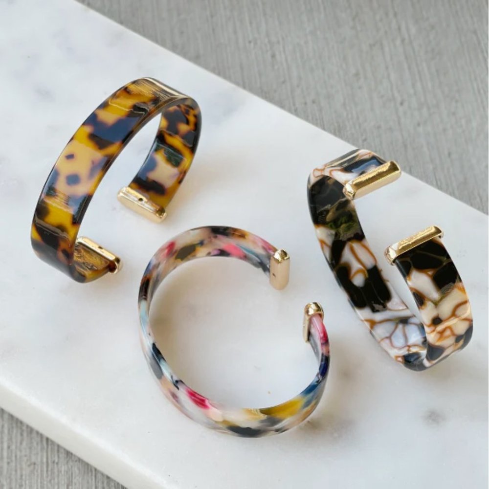 Acrylic Cuff Bracelets w/ Gold Caps Resin Black Brown Colorful - Picture 2 of 4